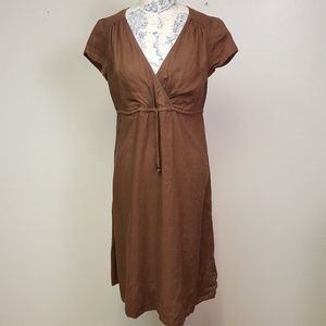 Boden Linen Knee Length Dress Brown Short Sleeve